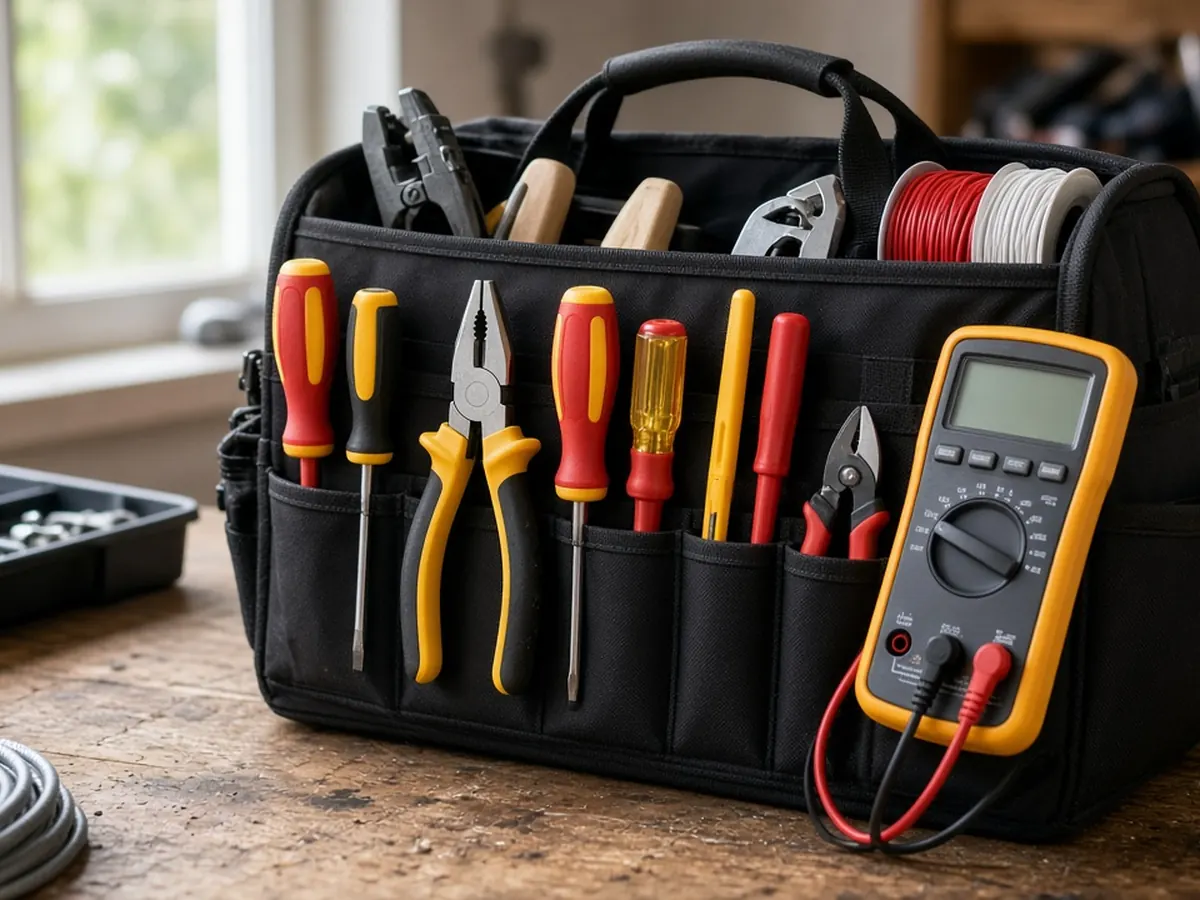 Electrician's tool bag with pliers and a multimeter