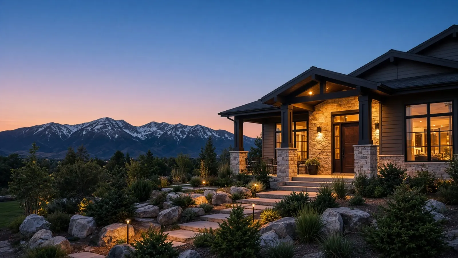 Home with warm exterior lighting at dusk