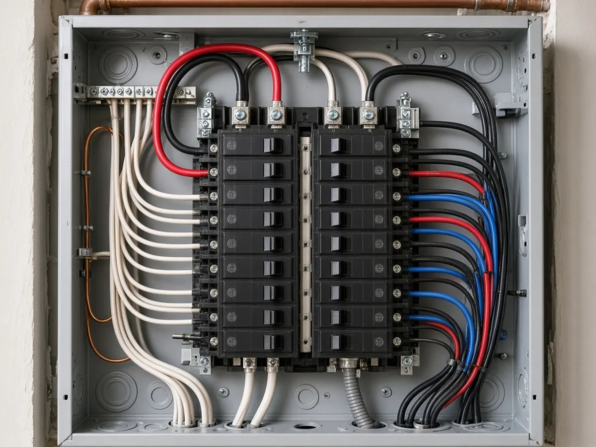 Neatly wired residential electrical panel