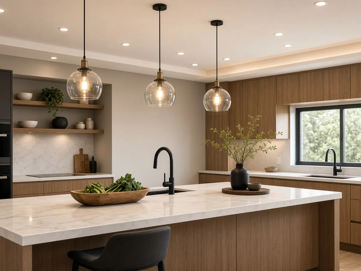 Kitchen with new pendant lights over an island